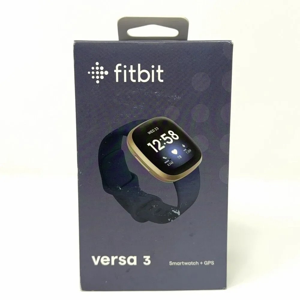 Fitbit Versa 3 GPS Smartwatch Fitness Tracker Soft Gold Midnight Blue With Box